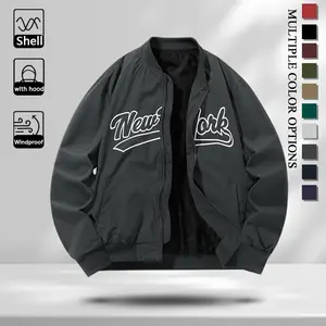 Wind Resistant Light Shell Men Casual Rib Collar Jacket, Fashion New York Letter Print Zip Front Outer Jacket with Ribbed Cuffs and Hem, Comfort Loose Windproof Daily Street Jacket for All Seasons Commute Camping Jogging Casual Daily Life, Ten Classic Col