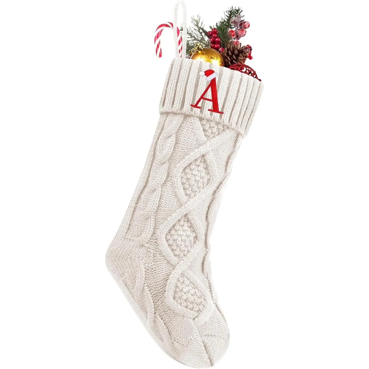 Personalized Christmas Stockings with Initials, 18 Inches Large Embroidered Monogrammed Cable Knit Christmas Stocking for Family, Xmas Holiday Party Gifts & Decoration for Fireplace (White, Letter A)