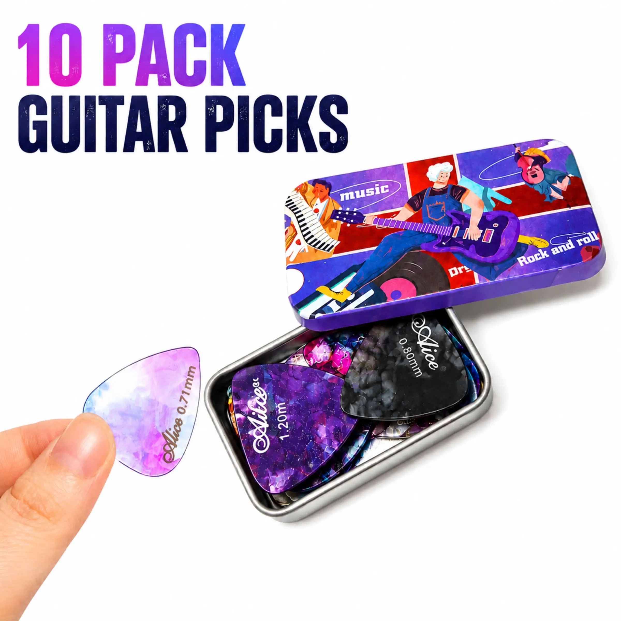Guitar Picks Gift Set – 10 Pieces, Various Thicknesses, Ideal for Guitarists, Perfect Music Gift for Beginners and Musicians