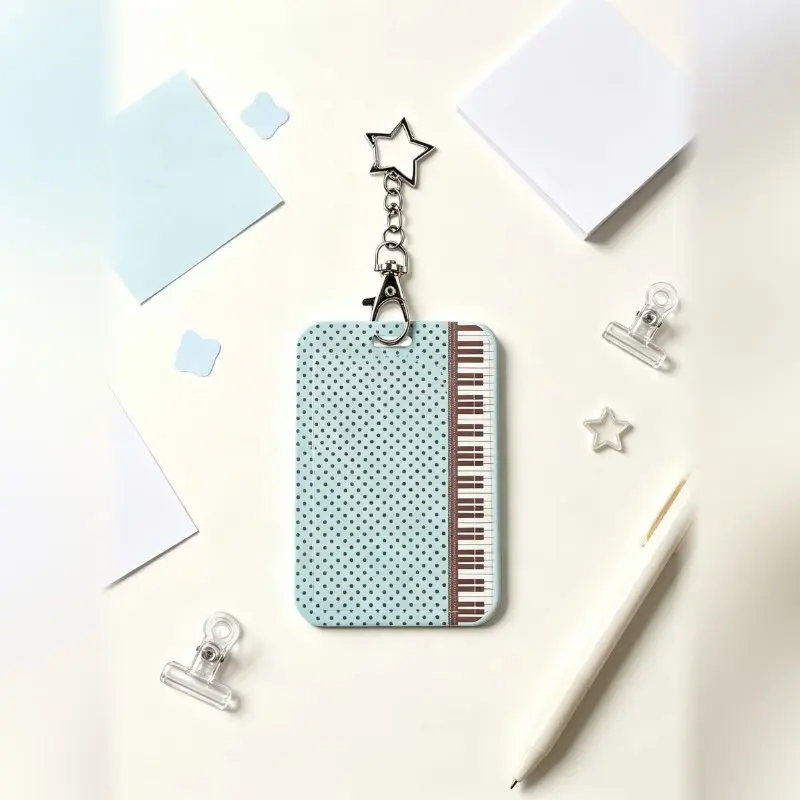 Light Blue Polka Dot Lace Piano Card Sleeve, Elegant Music Lover Campus ID Protector, Ideal for Student Ids, Office Badges, Public Transport Cards, ID Holders for Badges
