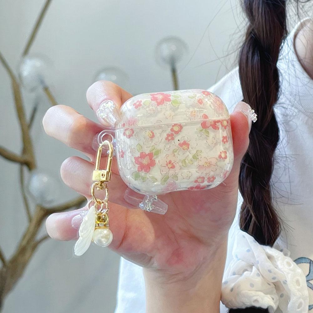 Soft Silicone Earphone Case With Cute Clear Pink Flower Pendant, Protective Cover Compatible With AirPods Series Models, Flexible Anti-Drop Shell For Wireless Charging And Daily Carrying
