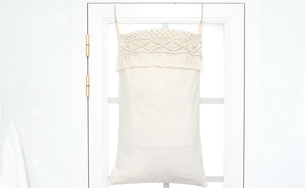 Macrame Hanging Laundry Hamper Bag Over The Door Organizer Laundry Bag Boho Decor Hanging Clothes Hamper for College Dorm Room Bathroom Home Travel Space Saving