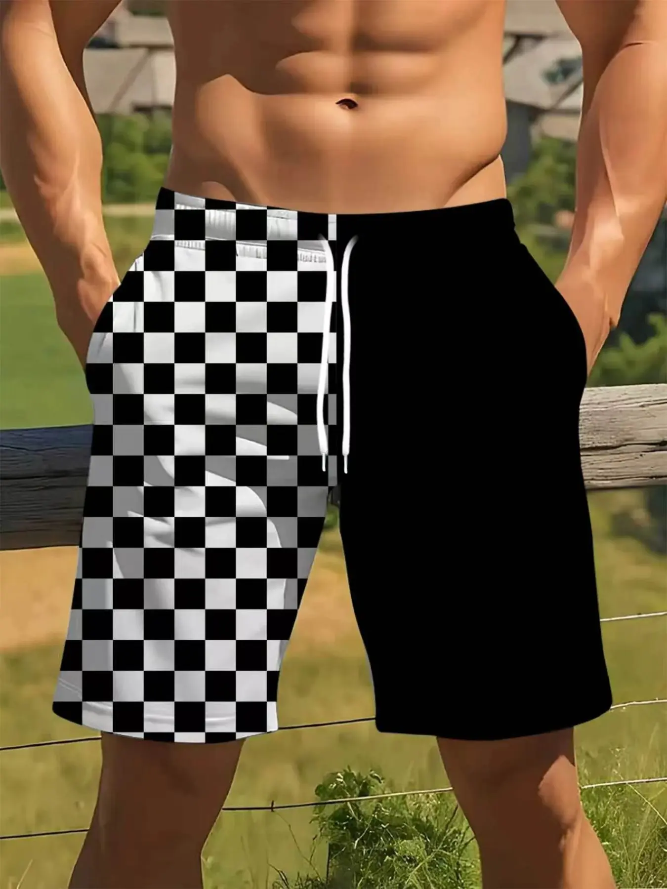 One-Sided Checkered Casual Short Pants, Contrast Color Minimalist Geometric Design, Trendy Daily Wear, Comfortable and Stylish