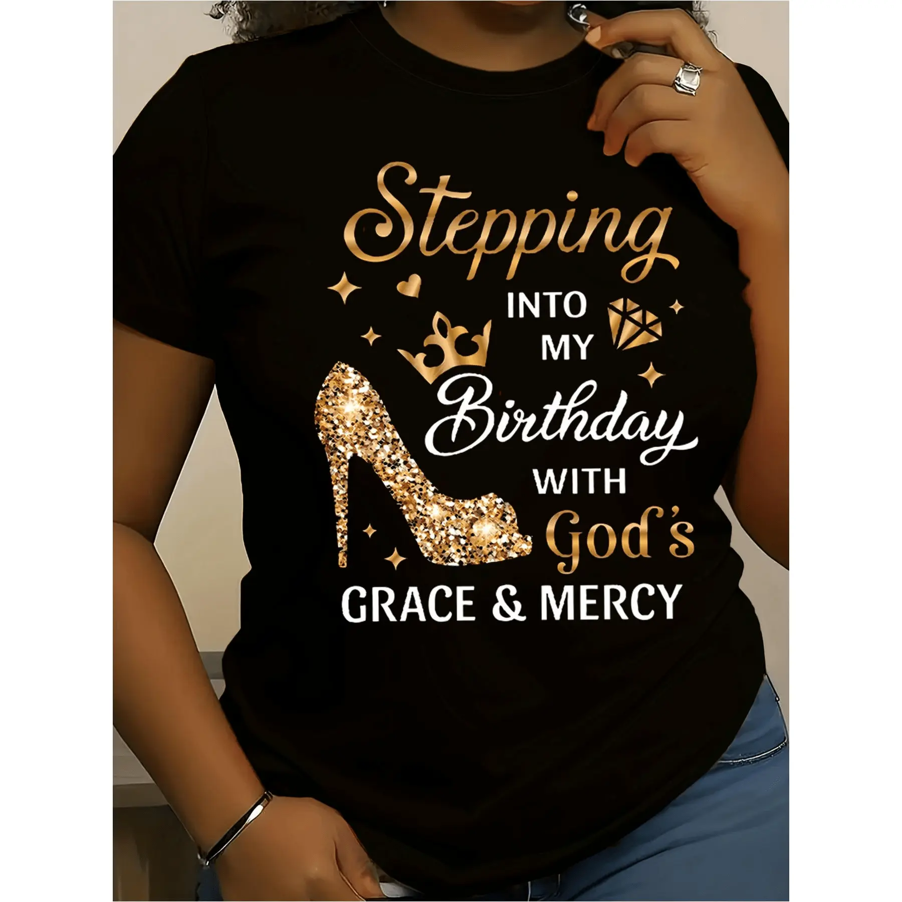 Stepping into My Birthday Women's T Shirt - Short Sleeve Slim Fit Casual Graphic Tee for Women - Black Tee Featuring Shiny Golden Text & Graphics with Crown, High-Heeled Shoe, Diamond, and Decora, Soft Touch Comfortable Crew Neck