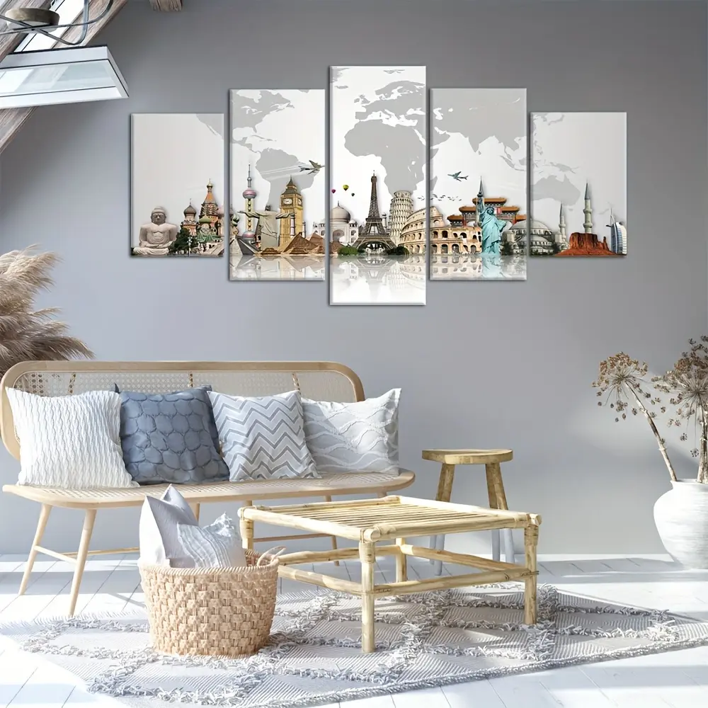 Two-Dimensional Flat Paintings, A Set Of 5 Wooden-Framed Canvas Posters With Map Decorations, Classic Decorative Paintings Of World Geography, Art Wall Paintings As Gifts, Suitable For Bedrooms, Offices, Living Rooms, Cafes, Wall Decoration