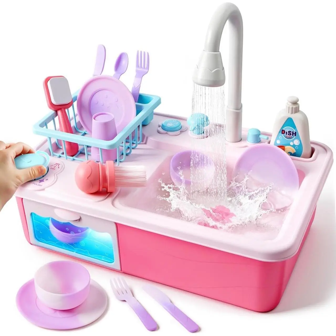 Color Changing Play Sink with Running Water, Toddler Sink with Electric Dishwasher, Chopping Sounds and Automatic Water Cycle System, Water Table for Toddlers 1-3 Birthday Gift