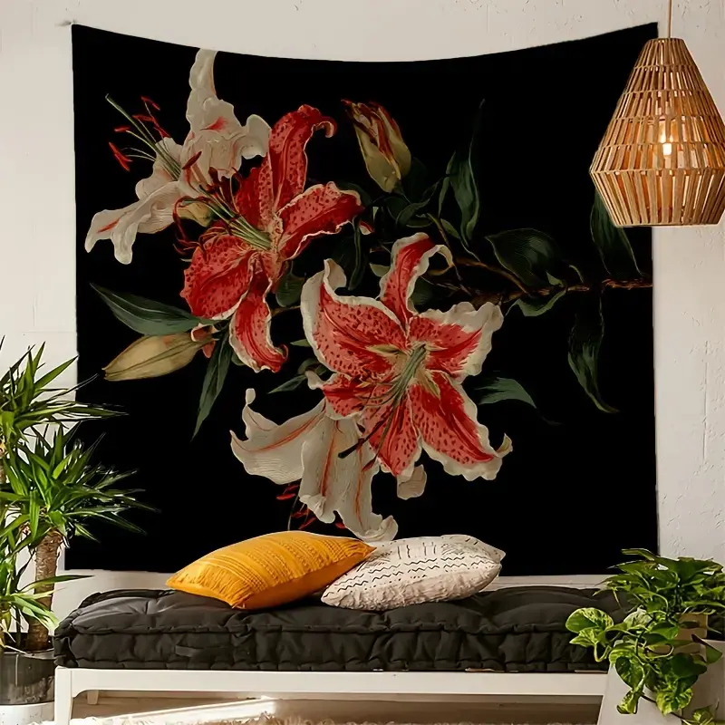 Decorative Tapestry Featuring a Red And White Lily Floral Pattern, Designed with a 2D Flat Fine Print. It Has a No-Drill Hanging Design, Suitable for Living Room Accent Walls, Bedroom Headboards