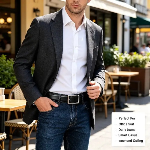 Men's Genuine Leather Dress Belt - Classic Single Prong Silver Metal Buckle, Multi-Color Formal & Business Waist Strap for Suits, Office Use, Ideal Gift for Men