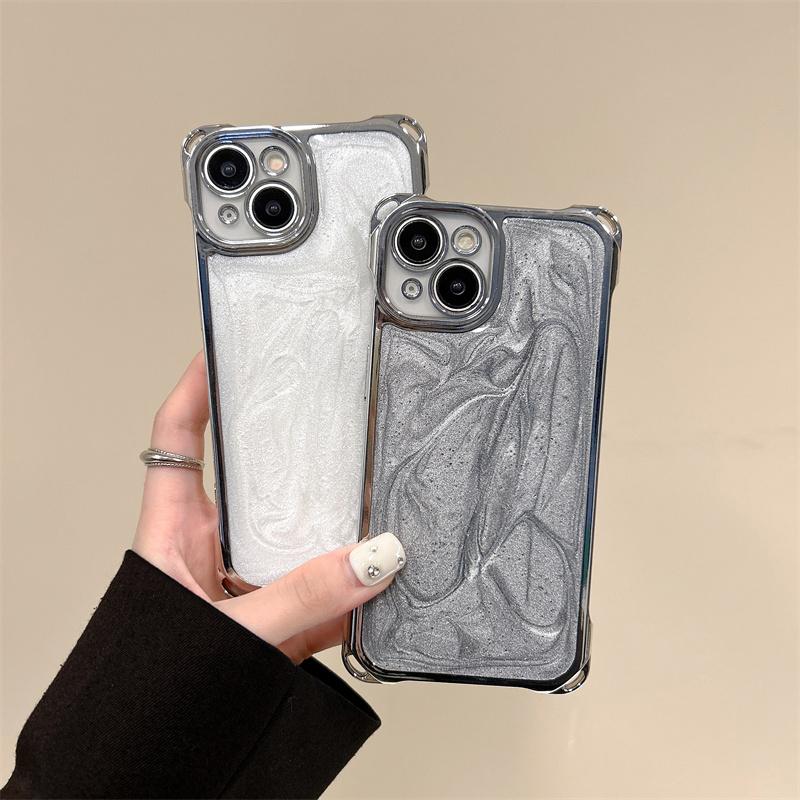 Silver Plated Four-Corner Shockproof Phone Case for iPhone 17 Pro Max 16 15 Pro Max 14 Plus 13 12, Minimalist Pearlescent White & Cement Gray Silicone Cover, Trendy Luxury for Women
