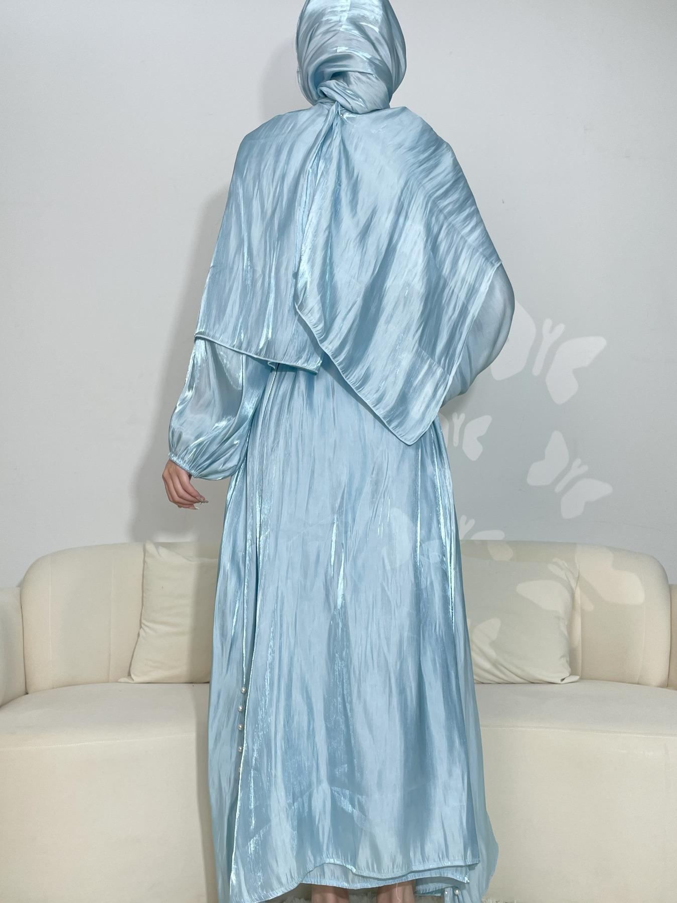 Women's Solid Abaya & Belted Tank Dress Set, Elegant Bishop Sleeve Long Sleeve Outerwear & Long Dress, Ladies Islamic Clothing for All Seasons, Modesty Abaya