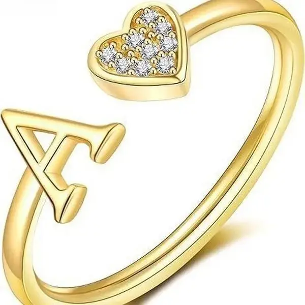 Trendy European-American 26-Letter Customized Open Ring, Minimal Cubic Zirconia Inlaid Adjustable Daily Fashion Costume Jewelry Ring, Gf Gift, Letters, Gold Rings, Promise Rings For Gf
