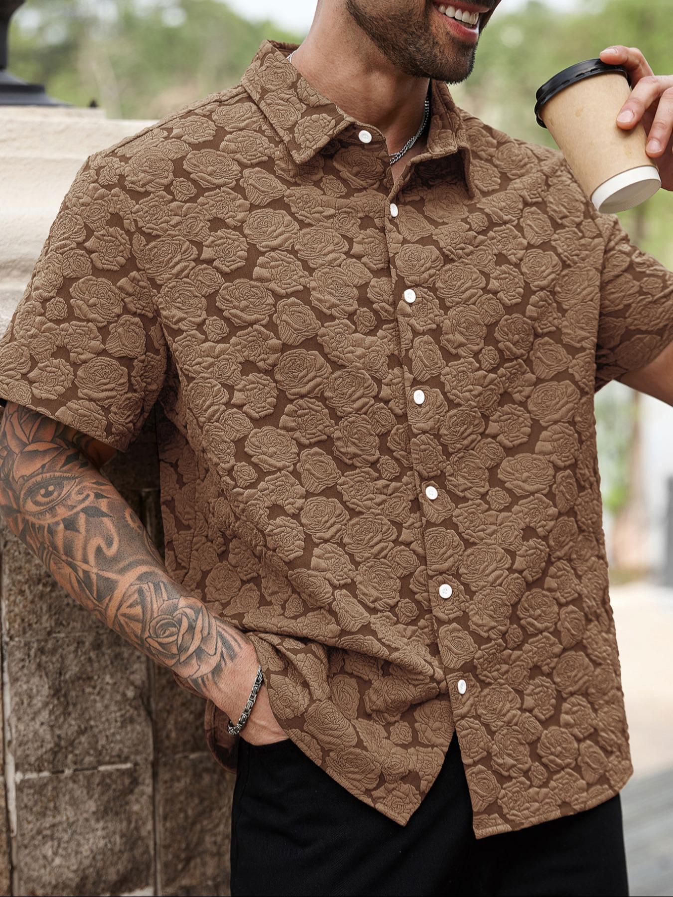 Men's Rose Print Short Sleeve Shirt, Casual Button Collared Loose Casual Soft Comfy Button Up Top for Summer, Men's Clothes for Daily Wear, Casual Menswear