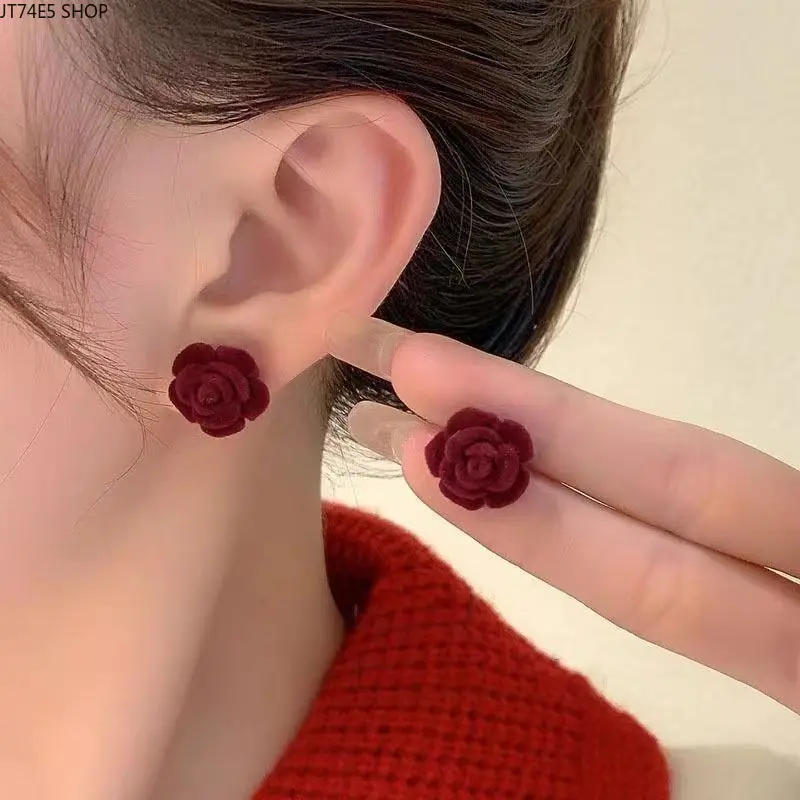 Gentle Tiny Sweet Rose Stud Earrings, Ins Niche New Chinese Red Delicate Ear Jewelry for Women