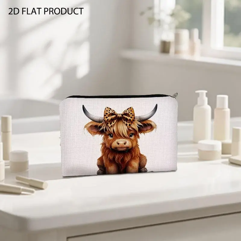 Adorable Fluffy Cow Print Makeup Bag, Double-Sided Design, 5.9*8.66inch Portable Cosmetic Storage Pouch, Cute Organizer for Daily Makeup Carrying & Travel Use