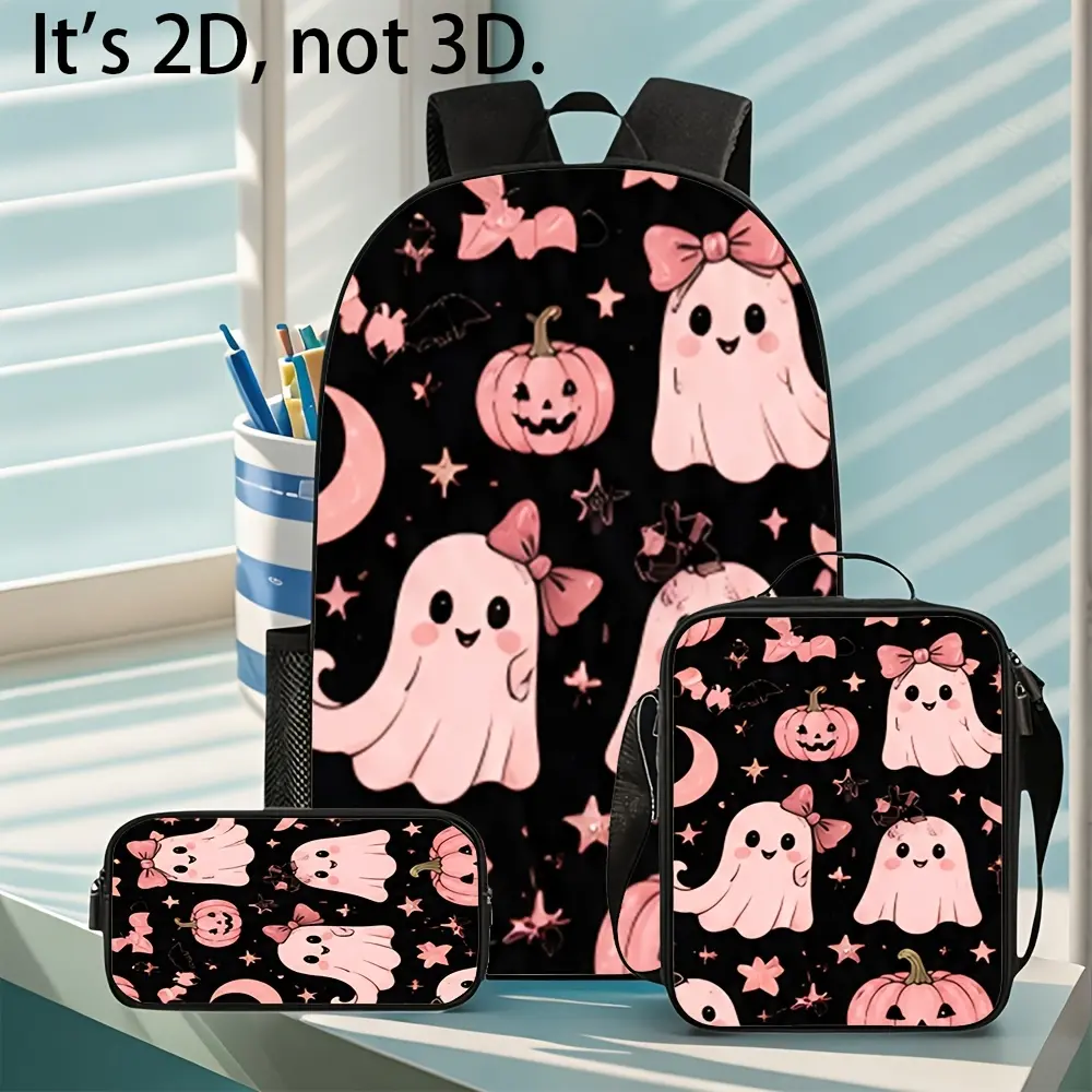 3pcs Cute Ghost Backpack Set Durable Lightweight Design for School Travel And Commuting bookbag