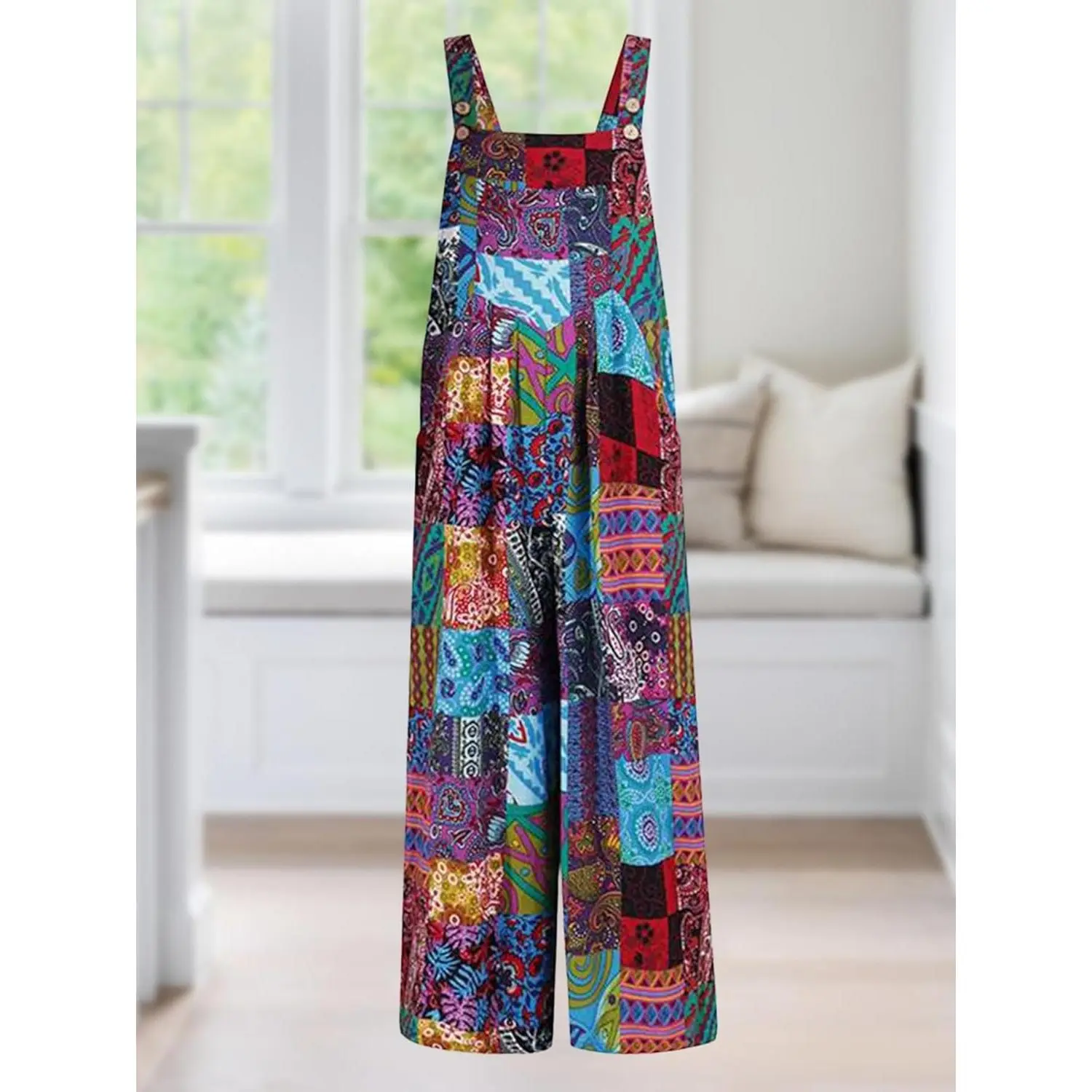 Women's Loose Floral Random Print Patchwork Dual Pocket Overalls Bohemian Wide Leg Bib Ladies JumpsuitGift, Baggy, Wide Legs