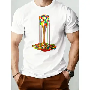 Casual, Men's T-Shirt, Melting Rubik's Cube Design, Everyday Wear, Gift For Puzzle Lovers