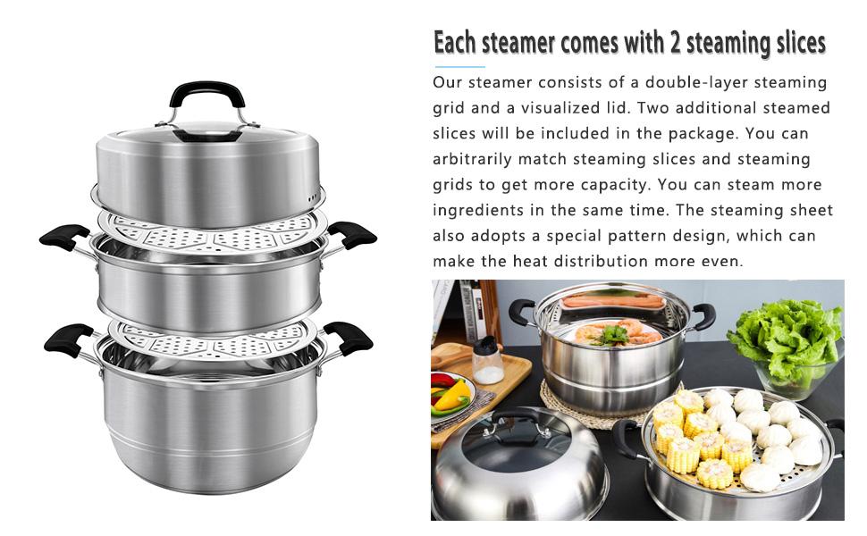 Steamer Pot for Cooking 11.8 inch Steam Pots with Lid 2-tier Stainless Steel Steaming Pot Multipurpose Cookware with Handle for Vegetable, Dumpling, Stock, Sauce, Food