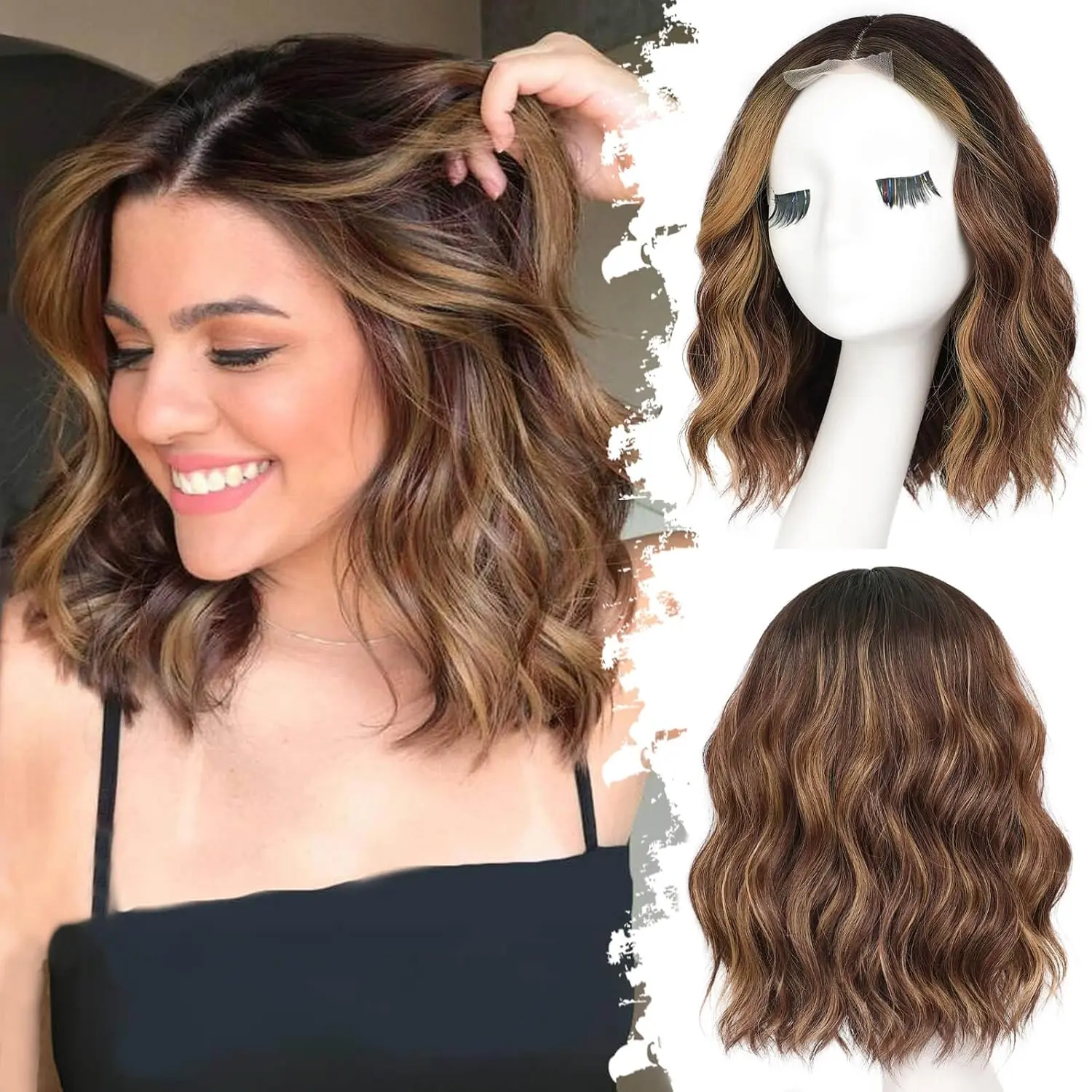 Eawwii Wigs for Women Brown Highlight,short Wavy Synthetic Lace Wig | Glueless 4x1 Lace Hairline, Heat-resistant Fiber,bob Wave Style,natural Appearance for Everyday Cosplay 14 Inch