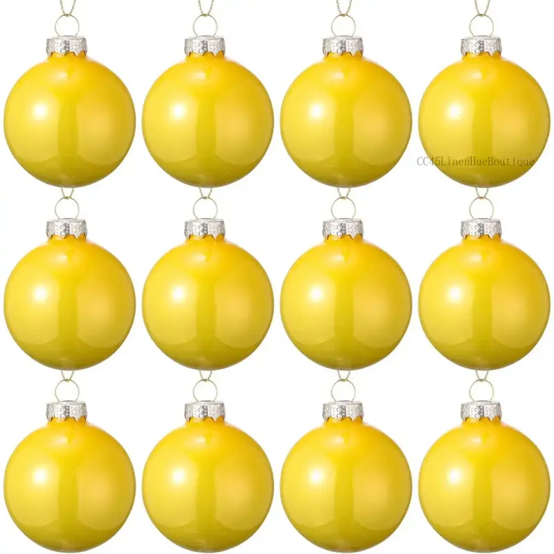 Women's Blouse Accessory - 12 Pcs 2.36" Yellow Glass Shatterproof Christmas Ball Ornaments with Hanging Loop, Rope, for Holiday Decorating, Wreath, Garland (CC45LinenHueBoutique)