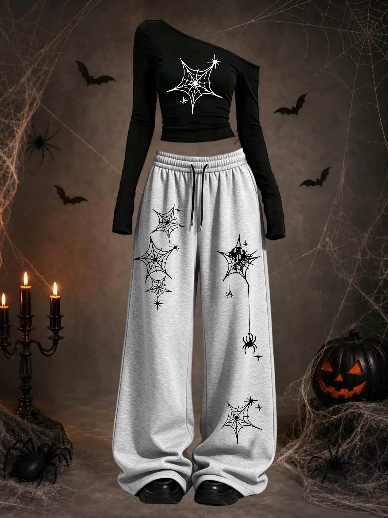 Halloween Women's Y2K Casual Set, Spider Print Off-Shoulder Long Sleeve Top + Loose-Fit Jogger Pants, Dark Subculture