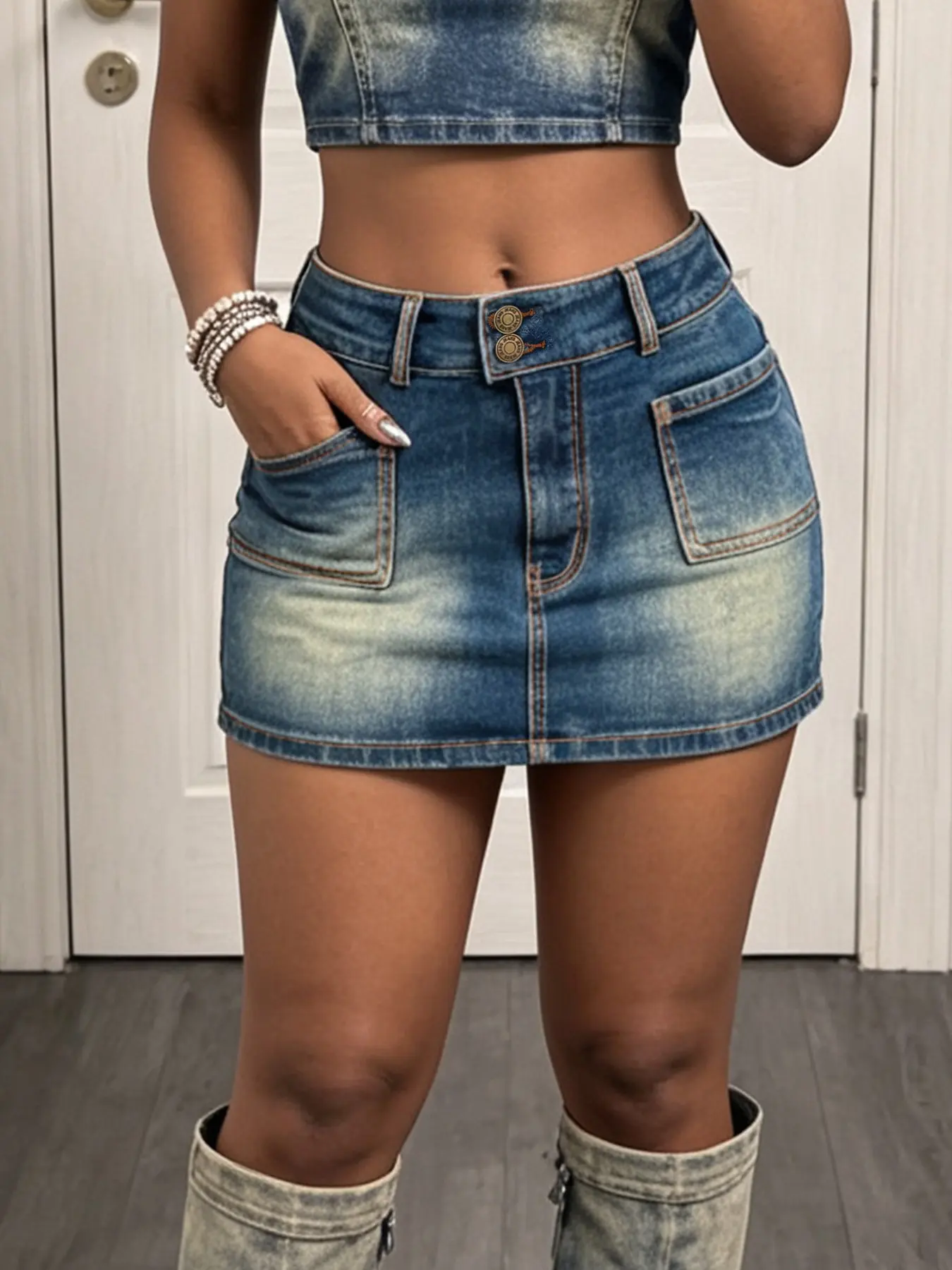 Elastic Slim Fit Cowboy Denim Skirt, 90s Retro Western Style, High Waist Double Button Large Pockets, Mini A-Line Skirt for Casual Wear, Everyday