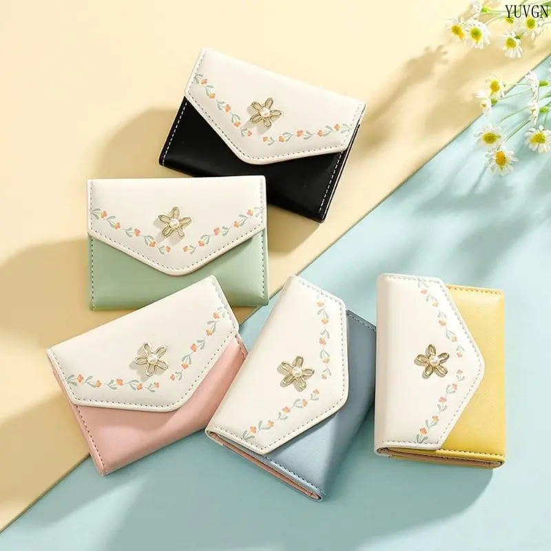 Women's Cute Floral Embroidered Wallets - Elegant Synthetic Leather Slim Tri-Fold Card Holder with ID Window for Leisure, Outdoor Daily Use