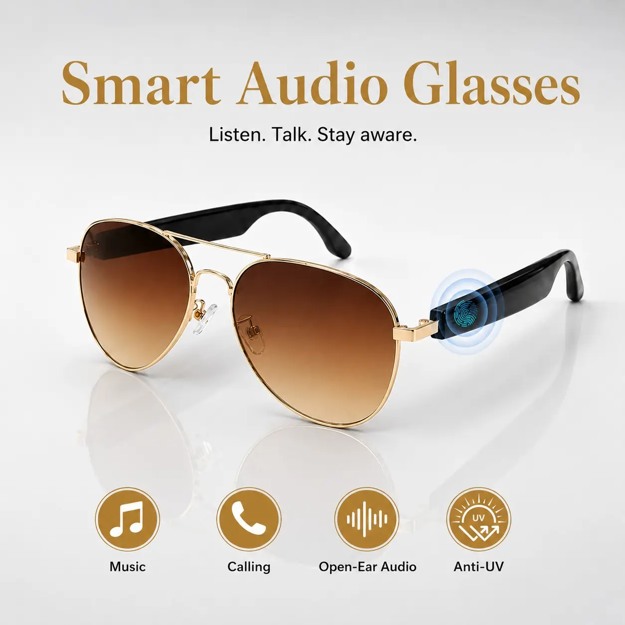Smart Glasses with Bluetooth Audio, Built in Mic & Open-Ear Speakers, Rechargeable, Touch Control, Voice Assistant, Hands-Free Calls, UV400 Sunglasses for Men Women Driving Cycling Running