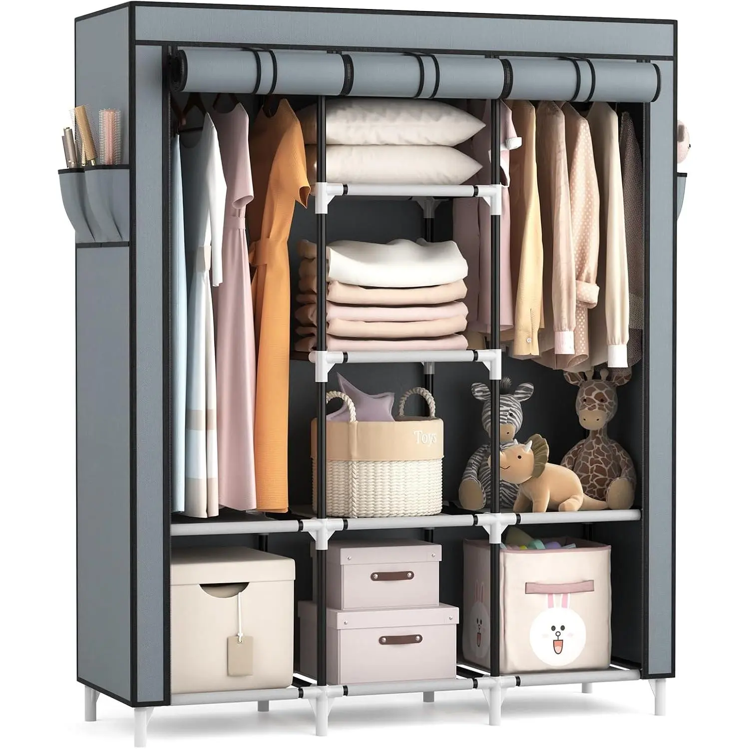 Portable Closet Wardrobe for  Clothes with 2  Rods and 8 Storage Organizer Shelves,Sturdy Large Wardrobe Closet for Bedroom Free Standing Clothes Rack with Cover,Grey