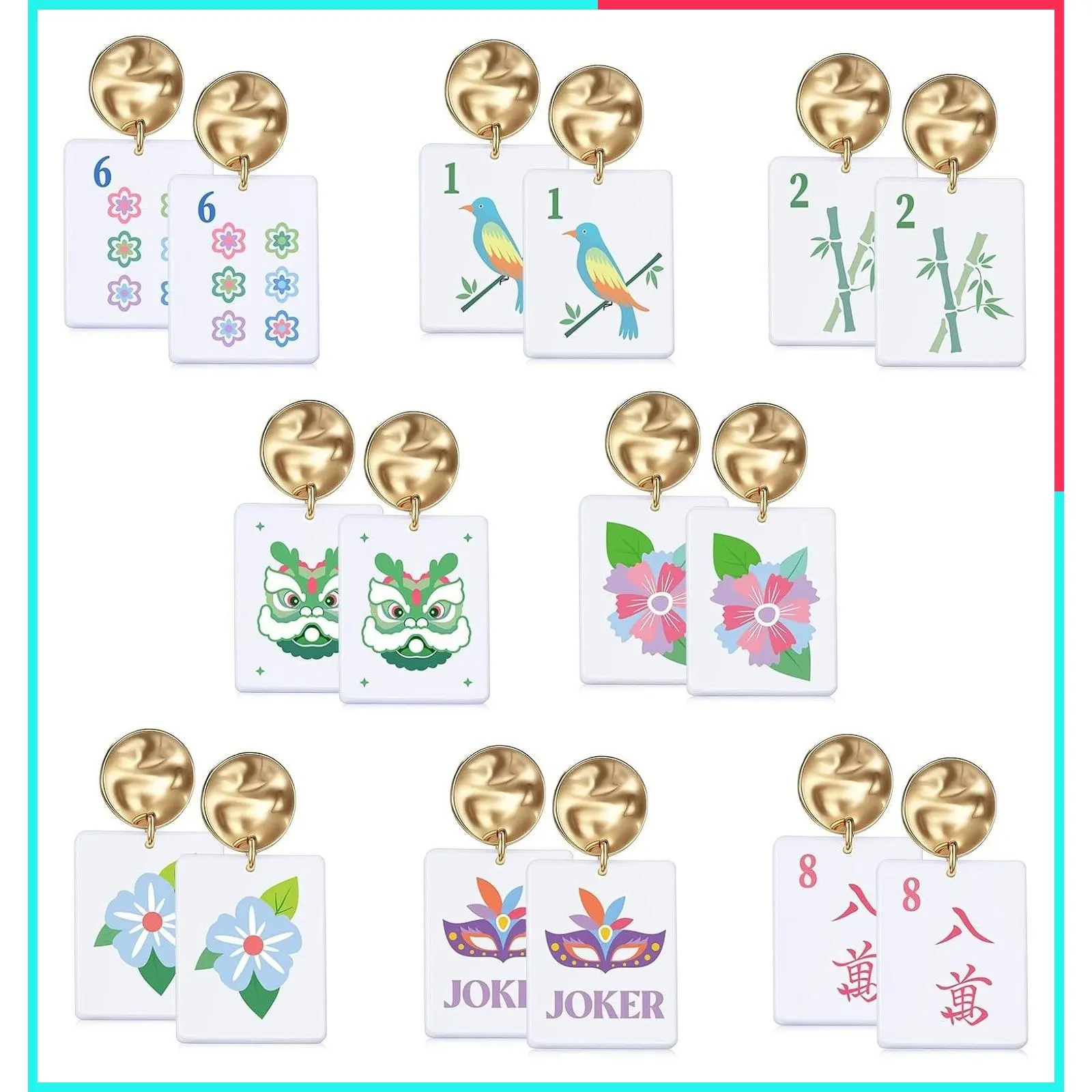 16 Pcs Mahjong Dangle Earrings for Women, Funny Geometric Jewelry Friendship Gifts Bulk Set