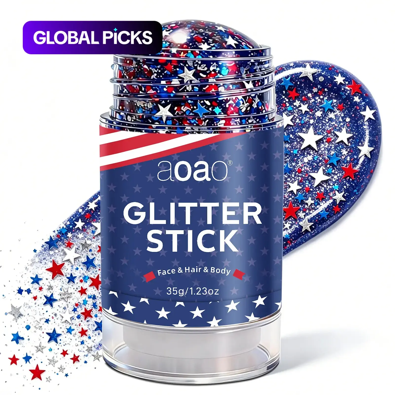 Self-Adhesive Glitter Stick | Red White & Blue Patriotic Body Makeup | game day body paint fan fpaint Summer Vibes Festival Party Body and Hair Glitter, Christmas & All Saints' Day,Perfect for Independence Day Party, Holiday Makeup, Fun Festive Look