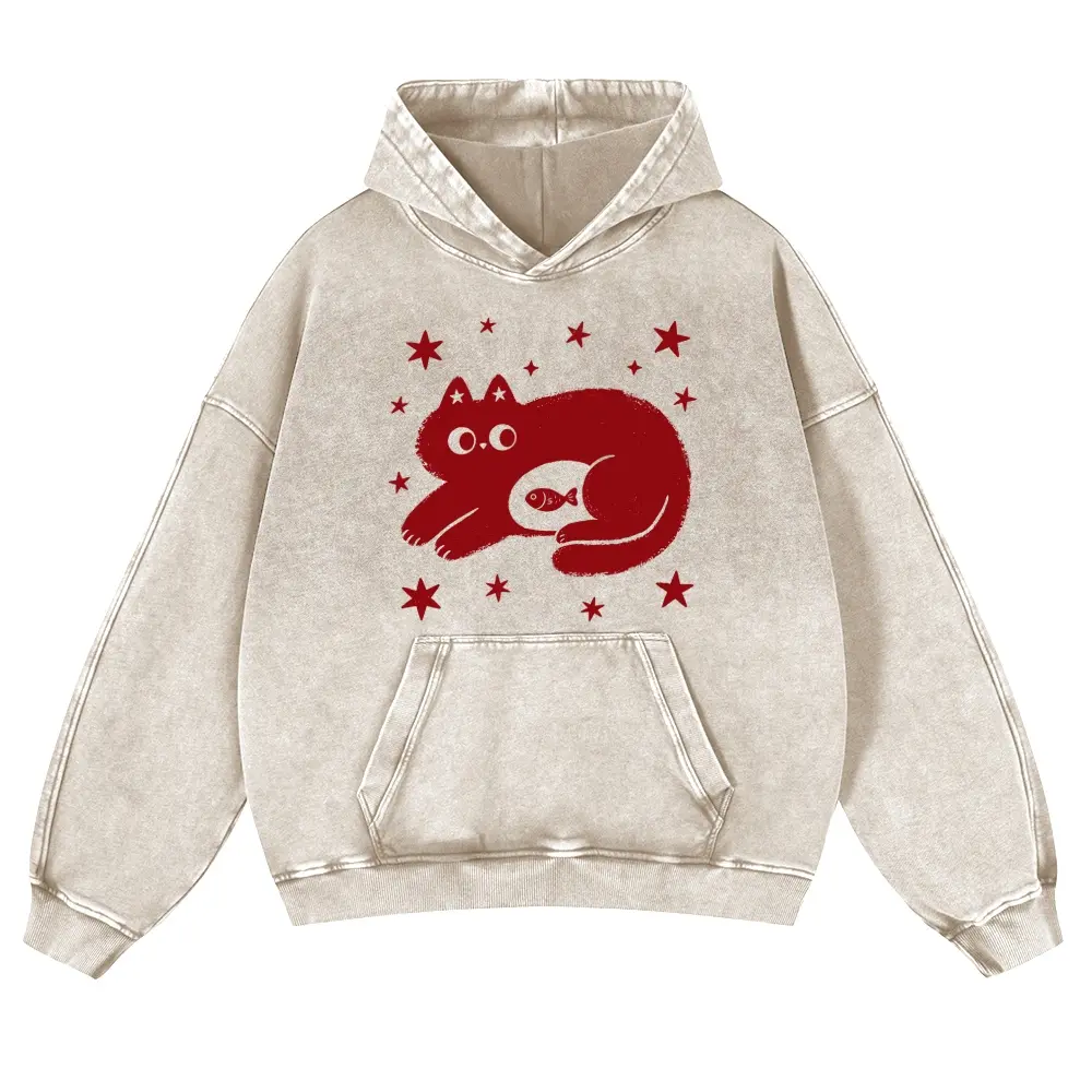 Star Surrounded Cat With Fish In Belly Full Chest Graphic Oversized Hoodie Cute Cartoon Streetwear 380g Autumn VIntage Washed Hoodie Graphic Sweatshirt