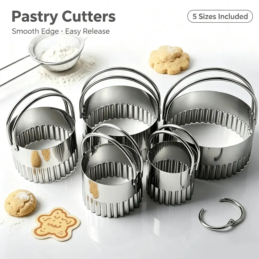 5PC Stainless Steel Circular Cutter Set with Ergonomic Handle - Durable Baking Tool for Perfectly Shaped Pastries, Cookies, and Dough - Perfect for Holidays Such As Christmas, Halloween, Easter, Valentine's Day, Cookie Decoration Items Bakeware