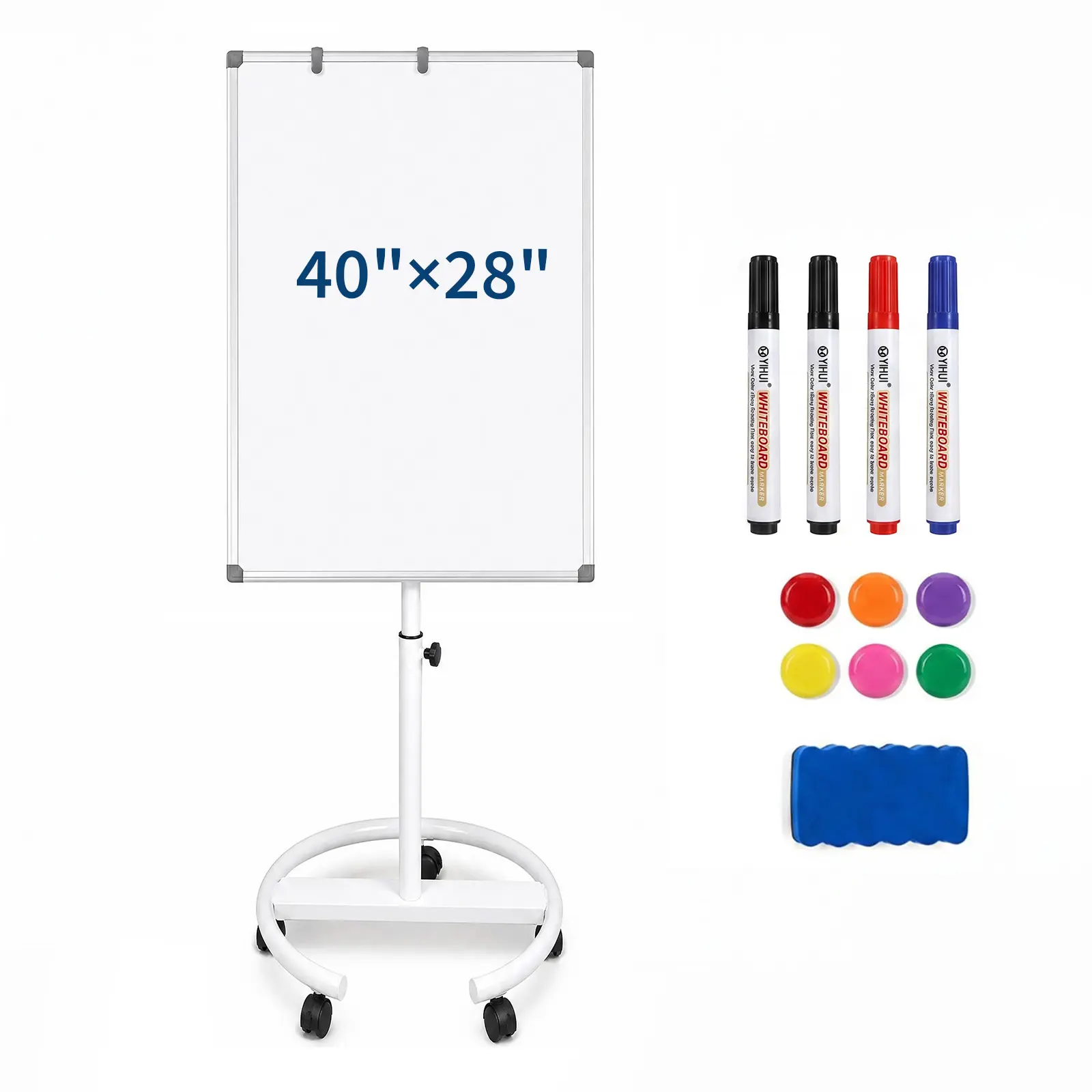 40"x28" Magnetic Rolling Whiteboard, with Paper Gripper, Height‑Adjustable Dry‑Erase Board Wheels for Office, White/Black