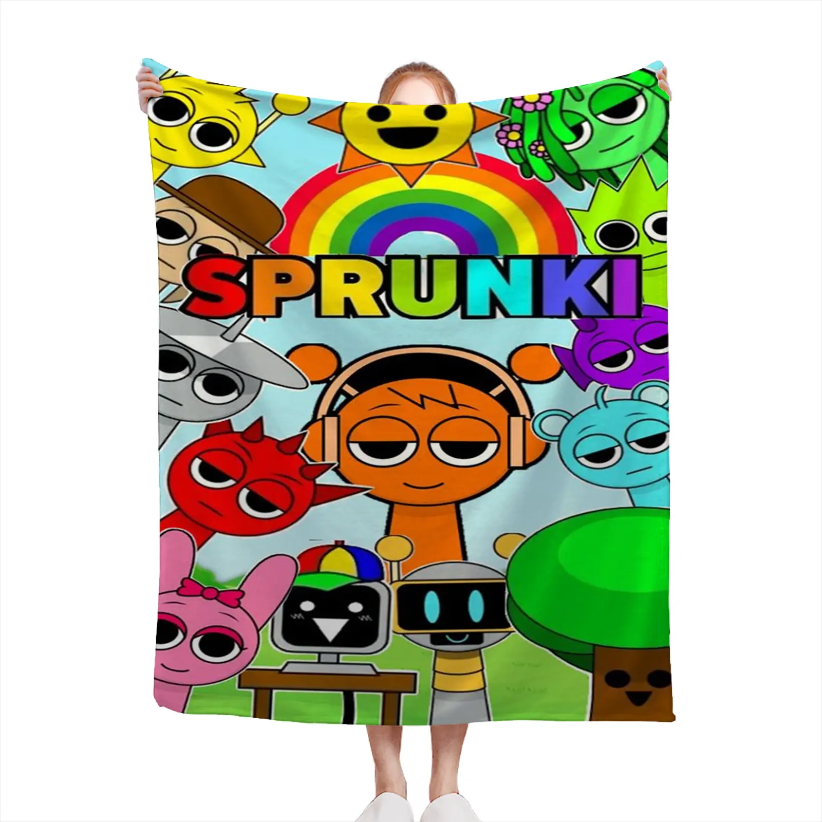 Soft Cozy Throw Blanket Polyester Sprunki Cartoon Rainbow Print Lightweight For Living Room Bedroom Gift For Kids Fans2607230483