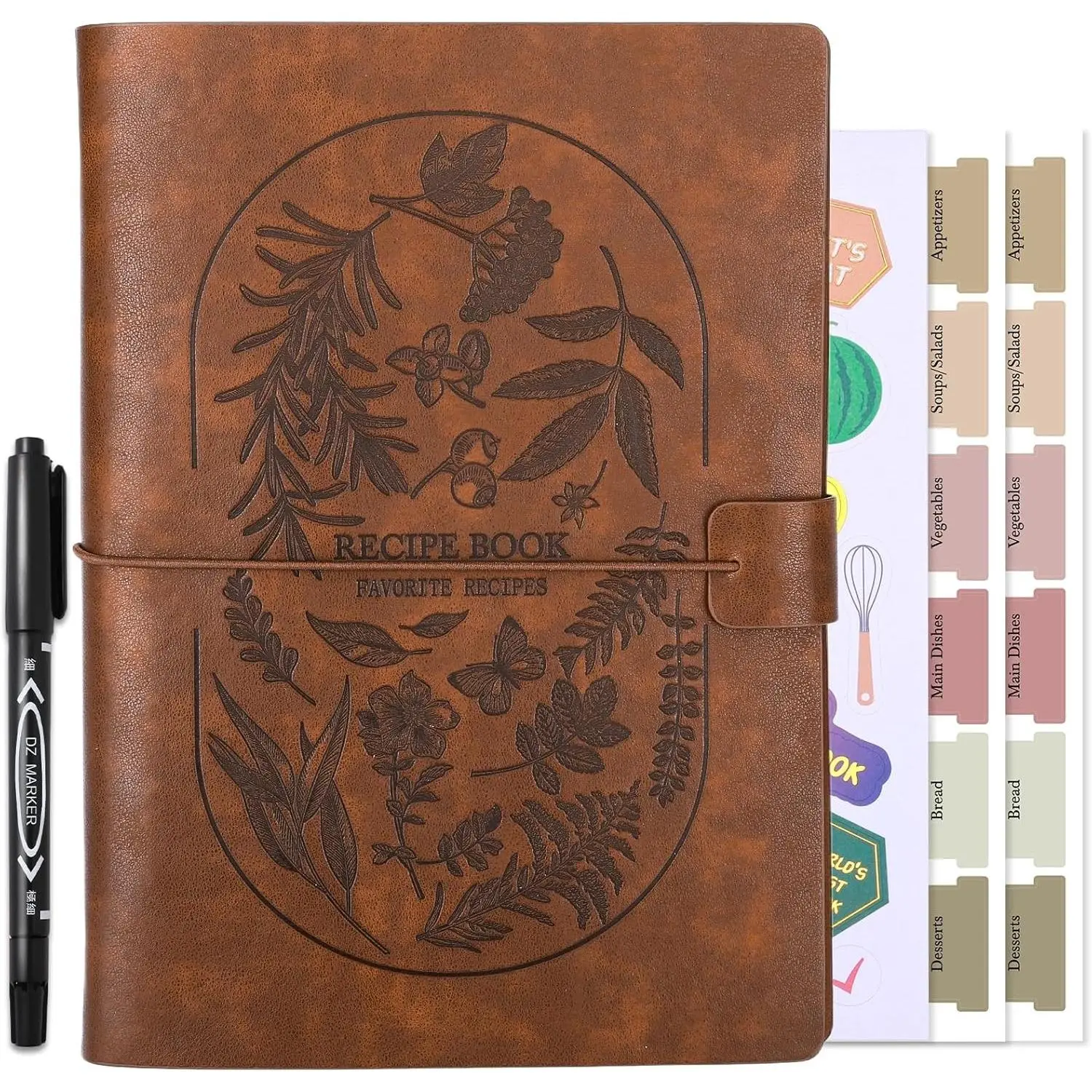 Blank Recipe Book Binder to Write in Your Own Recipes, Leather Recipe Journal Notebook, Waterproof Cook Book with Long and Short Recipe Pages, Empty Cookbook Hold 150 Recipes (Brown)