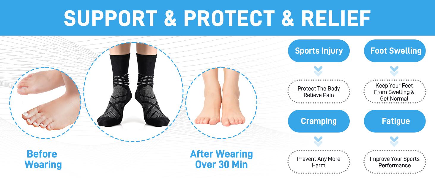 Compression Ankle Support Crew Socks Men Women Coolmax Wicking Plantar Fasciitis Relief Running Hiking Socks 3 Pairs