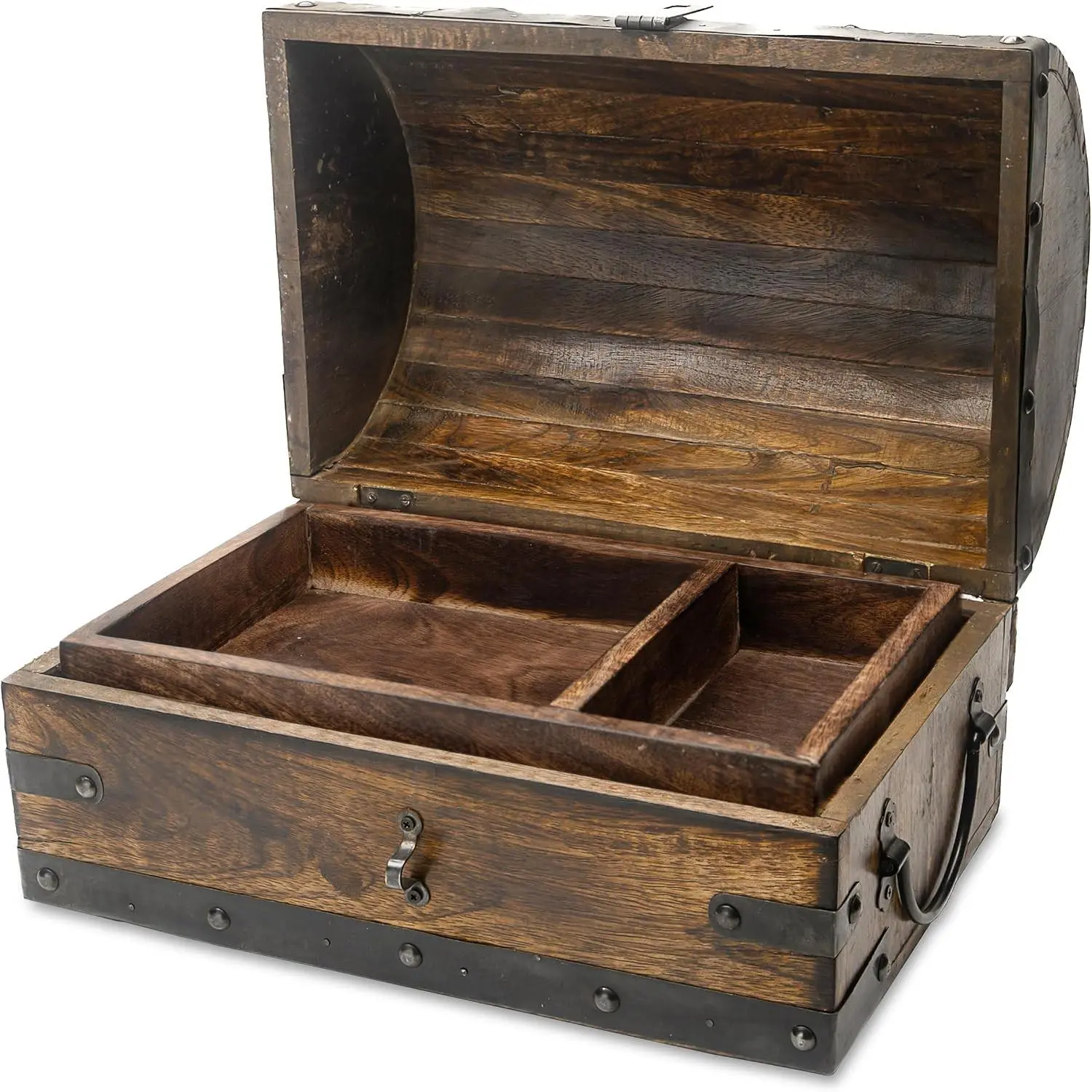 Happenings Treasure Chest Box with Removable Tray, Wooden Treasure Box for Storage, Keepsakes & Jewelry, Vintage Pirate Chest Decor, Solid Hardwood Decorative Storage (Medium - 12x8x8 inches)