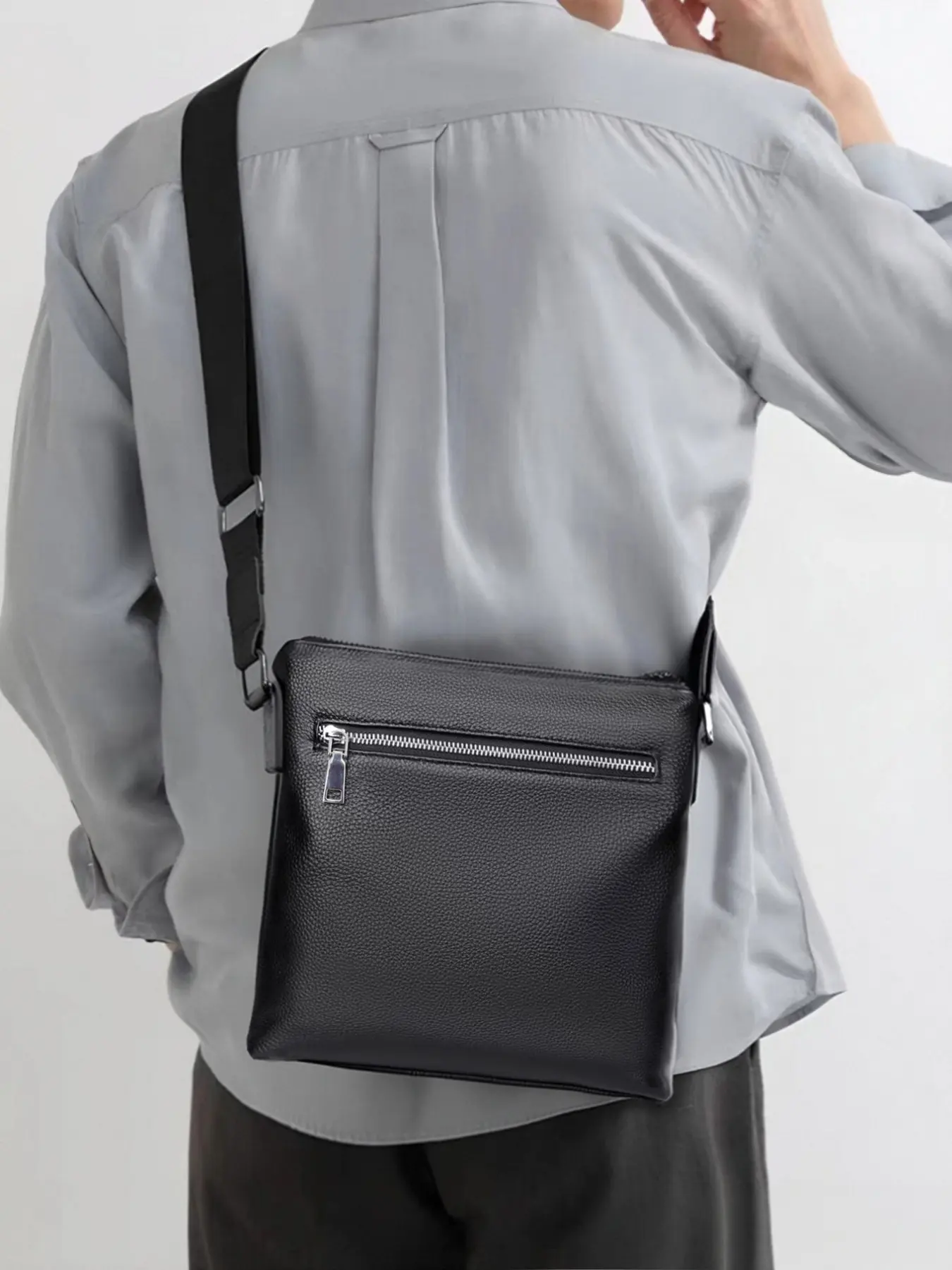 Men Black Pebbled Top Grain Nappa Genuine Leather Vertical Crossbody Messenger Bag, Large Capacity Design with Multiple Hidden Pockets & Inner Zipper Pocket, Back Anti-Theft Zipper Compartment