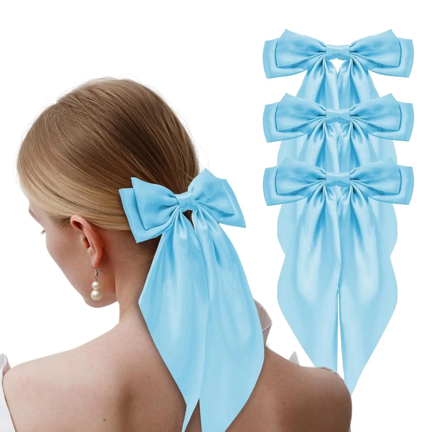 3 count Large Hair Bows for Women  Long Tail Bow Hair Clips Satin Ribbon Bow Hair Barrettes Ponytail Holder Bowknot  Hair Accessories for Girls Teens (Sky Blue  Hair Bows)