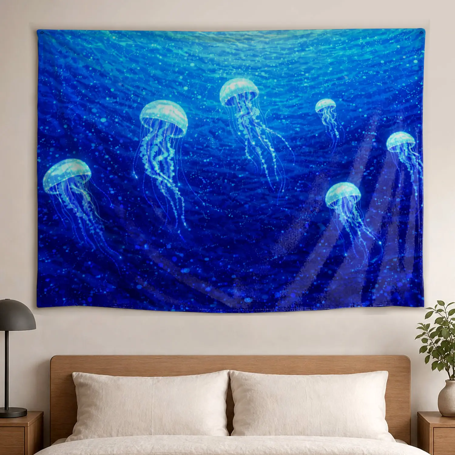 Blue Glowing Jellyfish Ocean Undersea Polyester Wall Tapestry - Multi-Size Large Horizontal High-Def Print, Colorfast Hippie Vibe Home Decor Artwork, No-Installation Decoration for Living Room, Bedroom Decor Ideas Gift for Family, Gift Idea