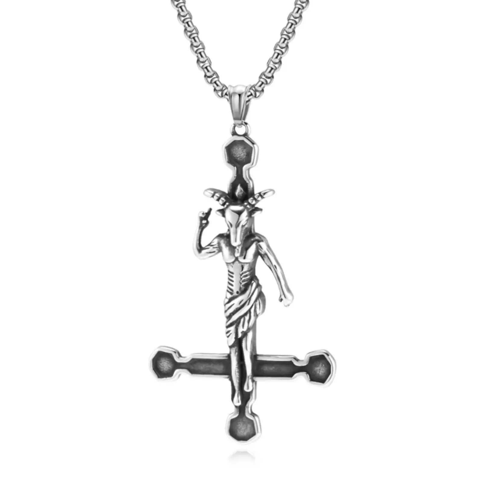 Men's Goth Female Long Polished Stainless Steel Baphomet Pendant Necklace - 2.17in Inverted Cross Amulet with 22in Steel Chain, Glossy Occult Gift for Anniversary, Birthday, Non-Tarnishing