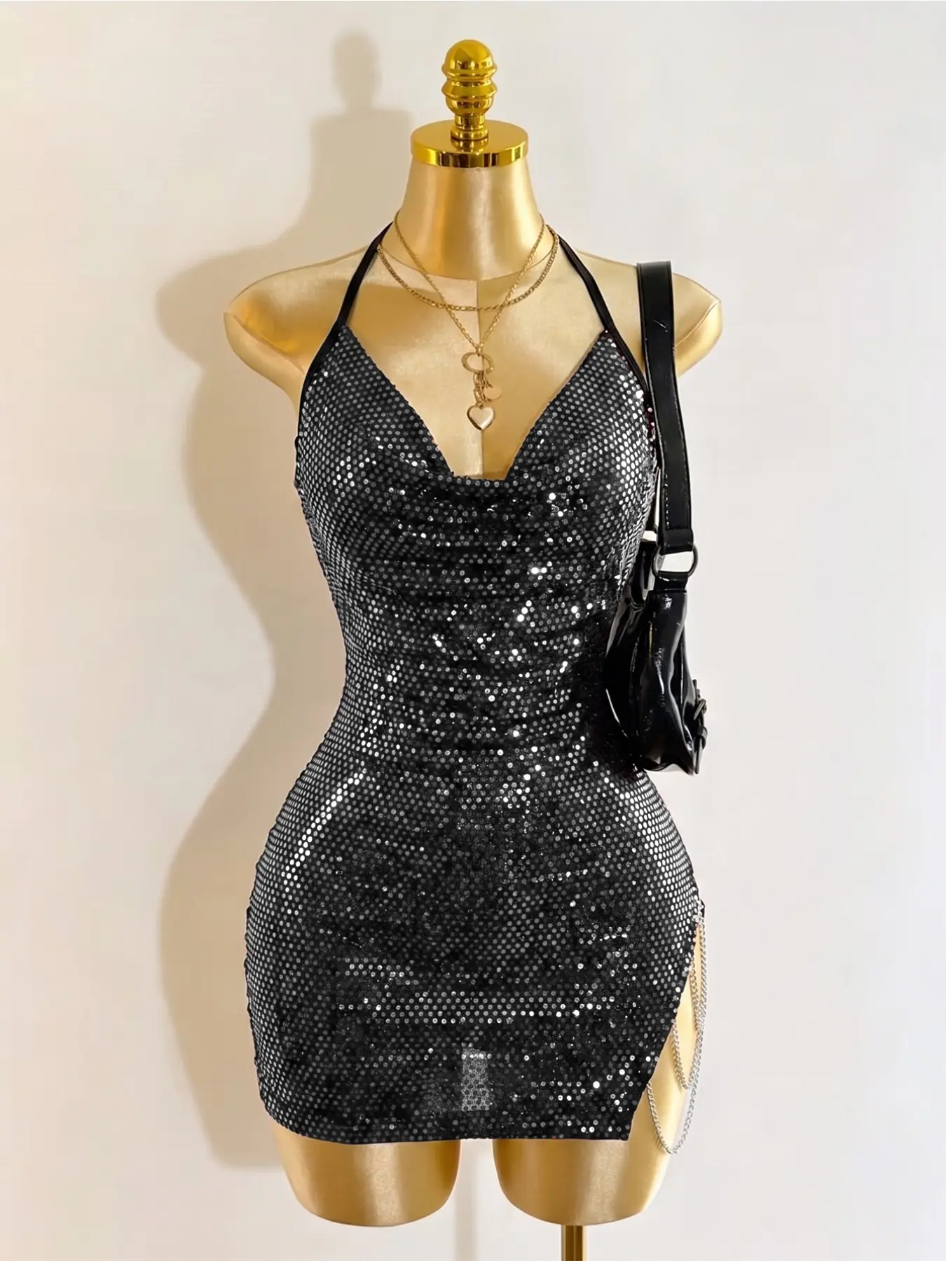 Burgundy Sequin Halter Mini Dress, Slim-Fitting Bodycon Dress with Side Chain Split, Sparkly Club Night Out Dress for Women