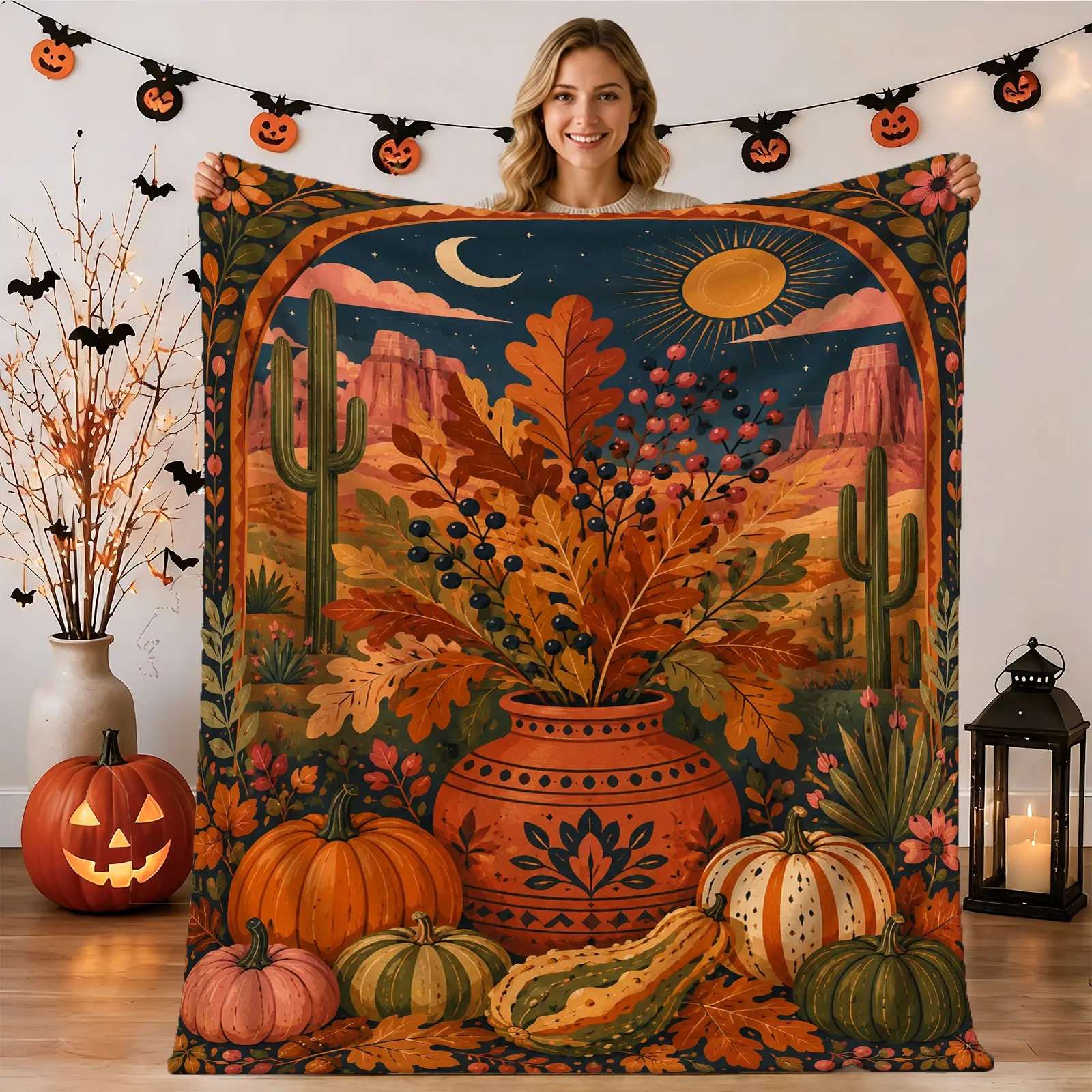 1pc Pumpkin Cactus Floral Blanket, Rustic Autumn Style, Vibrant Fall Color Palette with Decorative Elements and Central Artwork, for Sofa Bed Living Room and Fall Home Decor