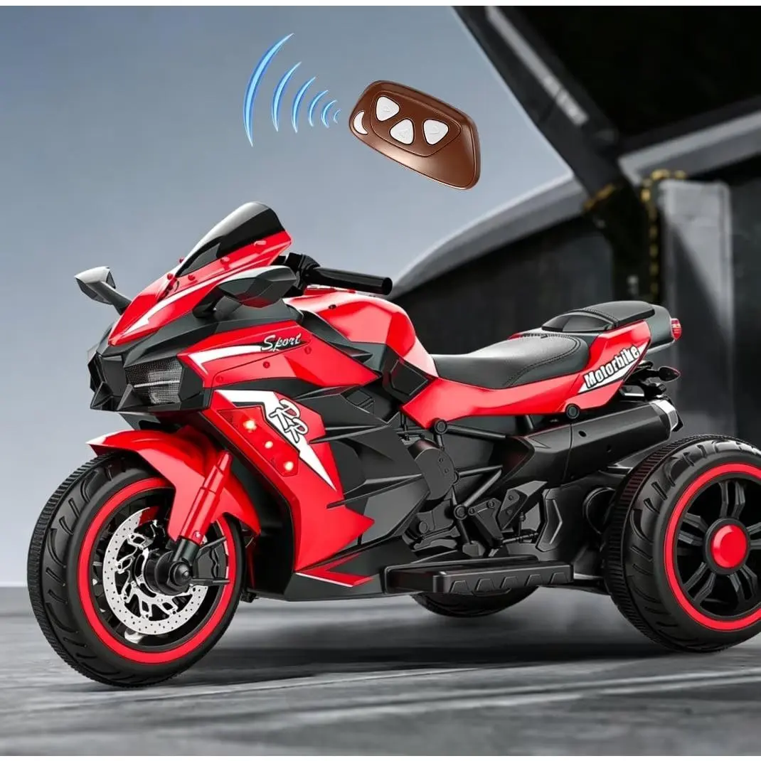 Kids Ebike 12V Electric Ride-On Motorcycle, Red 3-Wheel Toy Bike with LED Lights and Bluetooth Music