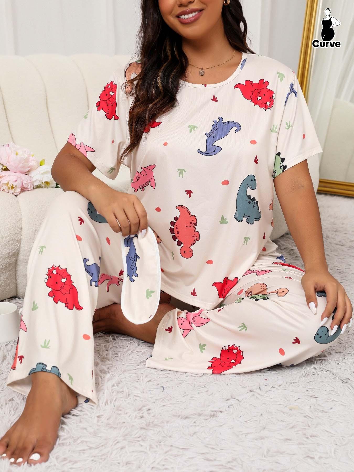 Plus Size Two-Piece Set Cartoon Dinosaur Print Tee & Elastic Pants & Eye Mask Pyjama Set, Casual Short Sleeve T-shirt & Trousers & Eye Cover, Women's Summer Sleepwear