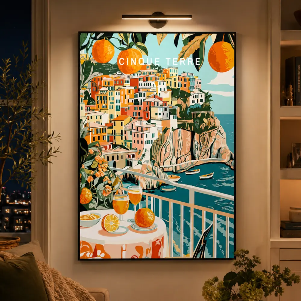 Vintage Cinque Terre Italy Mediterranean Canvas Travel Poster - Multi-Size Contemporary Fruit Wall Art, Personalized Travel Gift for Home Decor, Safe Packaging