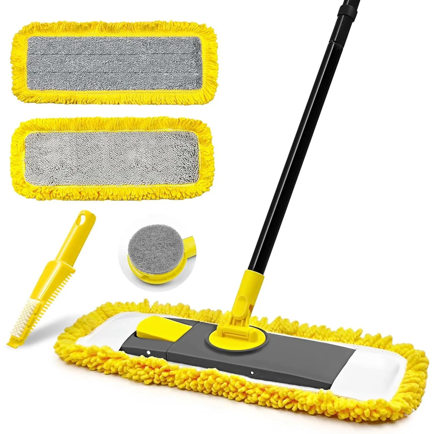 Foldable Adjustable Wet/Dry Microfiber & Chenille Pad Dust Mop, Flat Mop for Cleaning Hard Laminate, Tile, Vinyl Surfaces in Kitchen, Bathroom (Yellow)