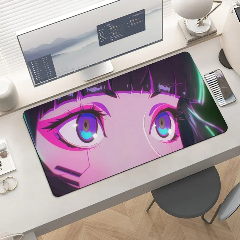 Cyberpunk Anime Girl Neon Glowing Eyes Close Up Mouse Pad Large Futuristic Mecha Otaku Desk Mat Mid-century Modern Cinematic Room Decor Adult Fans Gamer Vibe Black Flash Y2k y3k 2000s Keyboard Mat