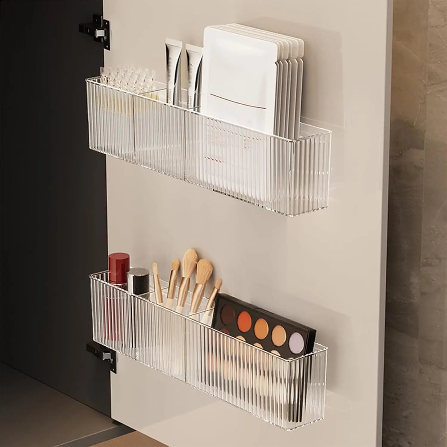 Wall Organizer, 2-Pack Clear Adhesive Shelves for Narrow Space | 3 Compartments, Slim 2.28" Depth, No-Drill Adhesive Mount, renter friendly, for Bathroom , Office, Cabinet Door